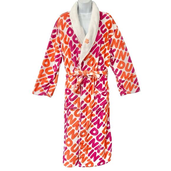 Dunkin' Donuts Pink Orange White Plush Bath Robe 2020 Merch Collection One Size - Picture 1 of 11